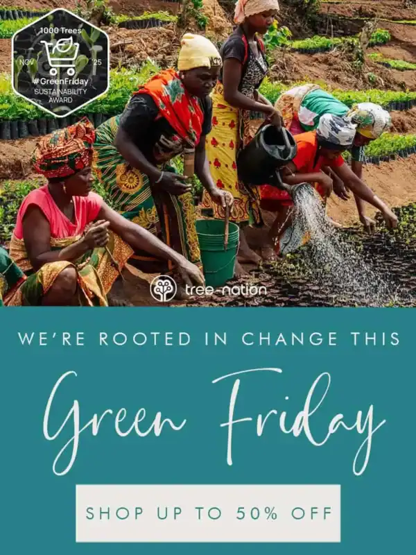 Four women in colourful paper high clothing water and tend to young plants in a garden. Text below promotes Green Friday and offers discounts of up to 50%.