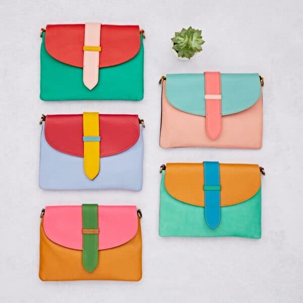 Five vibrant Priya Recycled Leather Multicoloured Crossbody Bags with contrasting straps are displayed in two rows on a light surface beside a small green succulent plant.