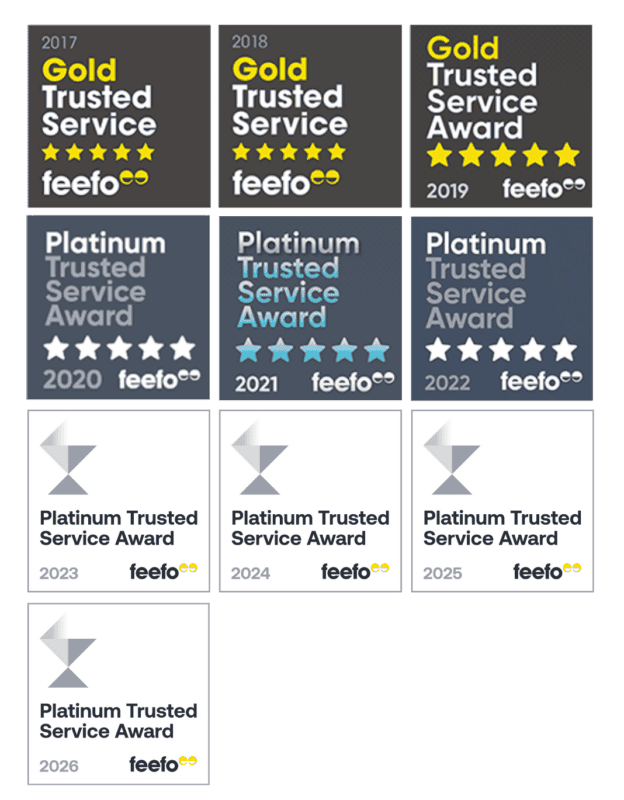 Nine Feefo Trusted Service Award badges from 2017 to 2026 are displayed, transitioning from gold to platinum status from 2020 onwards, with increasing star ratings. For more details about our awards, contact us today.