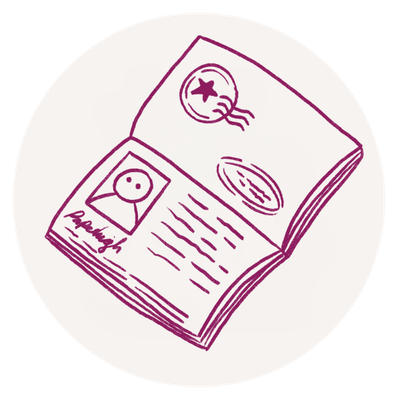 A simple line drawing of an open passport showing a photo, signature, stamps, and personal information page to refer to essential travel details.